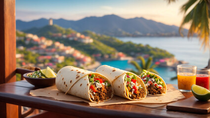 A visually stunning photograph of a Burritos placed on a table with view of a town, serene ocean, and majestic mountains in Zihuatanejo. - obrazy, fototapety, plakaty