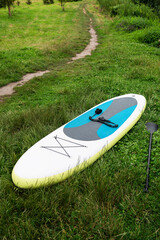 A bright surfboard lies on the green grass. Surf gear after or before training. Sports for fun.