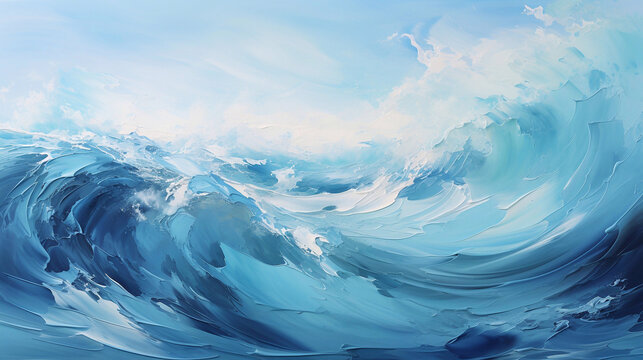 Abstract oil painting of the sea with large brush strokes in white and blue pastel colors. Wallpaper, background, texture.