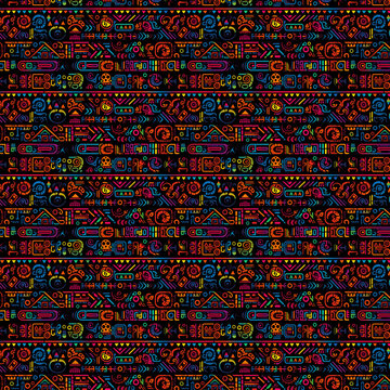 a geometric pattern on black background, in the style of mesoamerican influences, colorful grotesques, tom killion, authentic expressions, jarring figuratives, villagecore, m&aacute;rio eloy