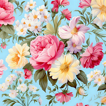 a seamless pattern of bright colors and beautiful florals in vintage shabby chic, ai generated, , generated ai