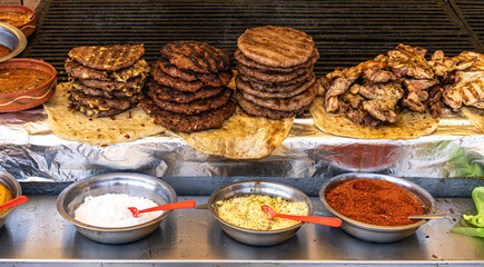 Serbian street food, grilled meat, patty, burgers.