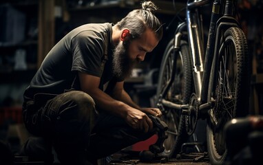Fototapeta na wymiar Bicycle Repairer in a Garage. Generative AI