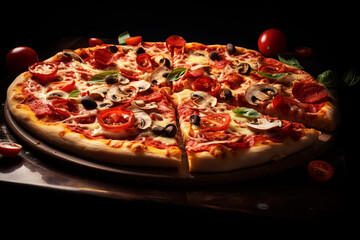Appetizing pizza on a dark background. Generative AI