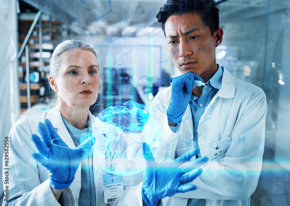 Poster medical science, team and thinking with overlay of data hologram, information and brainstorming inno
