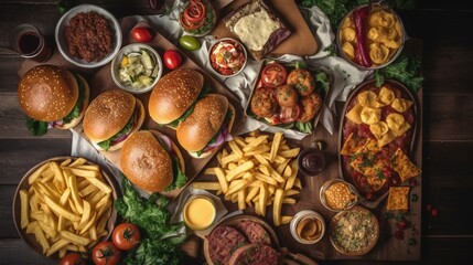 Obraz na płótnie Canvas fast food table top view hamburger hot dog snack, ai generation