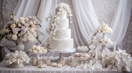 delicious white wedding cake with decorations on the table
