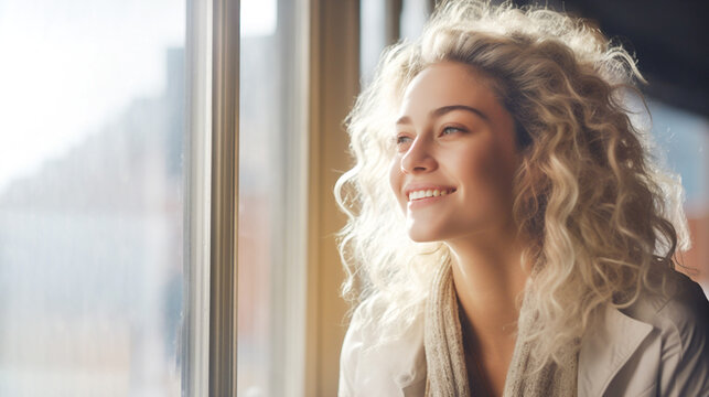 Smiling young blond woman by the window in cold day. Mental health day. Emotions of happiness and peace of mind.Generative Ai content.