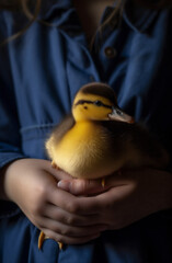 close-up hand duck farm bird little girl child duckling yellow. Generative AI.