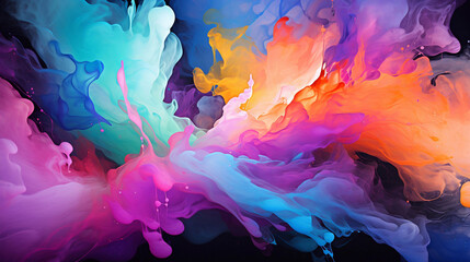 Abstract oil painting of paint splashes in black, blue, cyan, mint, purple, pink, orange, and red colors. Wallpaper, background, texture.
