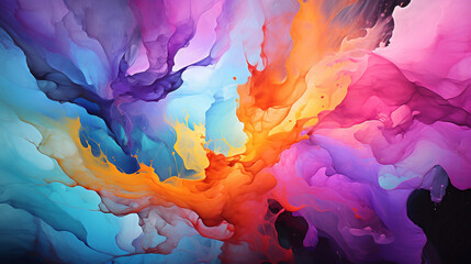 Abstract oil painting of paint splashes in black, blue, cyan, purple, pink, orange, and red colors. Wallpaper, background, texture.