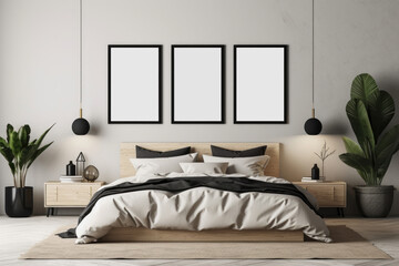 Stylish bedroom interior design with three mock up poster frame. White wall. Bed, plants and creative home accessories. Home staging. Scandi desidn. Ready to use template with copy space