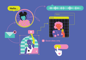 Composition with dream team, trendy stickers Y2k. New Game aesthetic. Digital fashion girls. Young Generation Communication in messengers and social networks. Flat design. IT. Modern colors, zine 