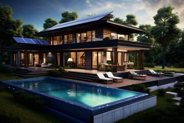 Fototapeta premium Modern house with solar panels. Generative AI