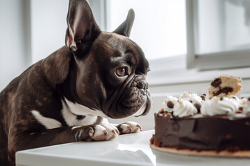 French Bulldog dog looking at chocolate cake on kitchen table.