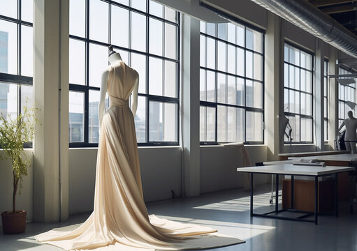 Tailoring workshop with wedding dresses. Sewing studio interior. Generative AI.