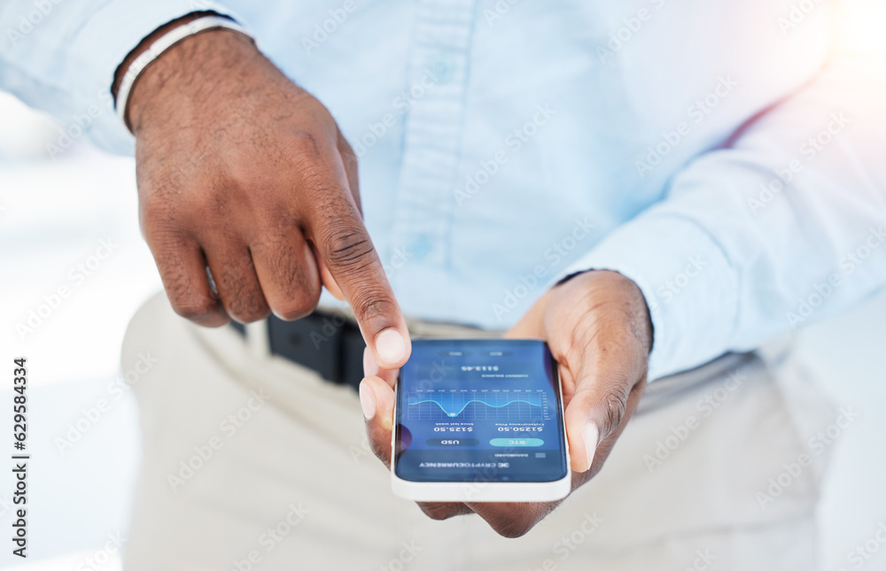 Aufkleber hands, phone or businessman trading on stock market, fintech app or cryptocurrency website in office