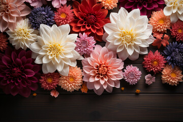 Dahlia and Garden Flowers on isolated white wooden background. AI generative