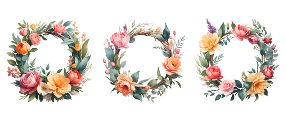 collection of floral wreath in 3D Render style isolated on transparent background for wedding, greeting card decoration and graphic design