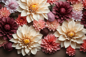 Dahlia and Garden Flowers on isolated white wooden background. AI generative