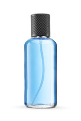 Transparent bottle of blue perfume with black lid isolated. Transparent PNG image.
