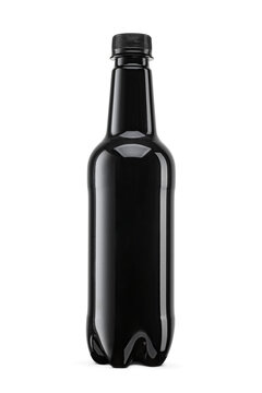 Black plastic long neck bottle with soda or soft drink, energy drink isolated. Transparent PNG image.