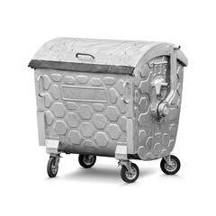 Metal trash or recycle dumpster with wheels isolated with clipping path. Transparent PNG image.