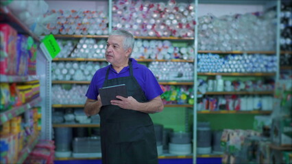 Senior manager of grocery store checking inventory of products on shelf with table device, male caucasian employee inspecting items at supermarket aisle