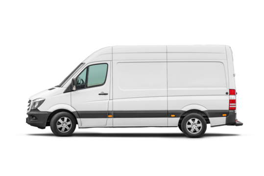 Delivery van side view isolated. Side view of a modern cargo short-base minibus. Transparent PNG image.