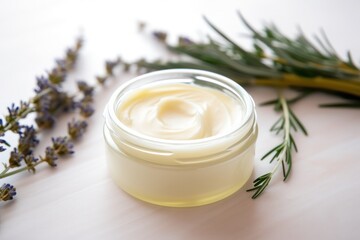 Fototapeta na wymiar Top View of Herbal Extract Moisturizer Cream Jar with Organic Natural Ingredients. Leafy Background