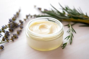 Poster Top View of Herbal Extract Moisturizer Cream Jar with Organic Natural Ingredients. Leafy Background © olga_demina
