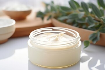Fototapeta na wymiar Organic Skincare: Moisturizer Cream Jar with Herbal Extract, Natural Ingredients, Leafy Background.