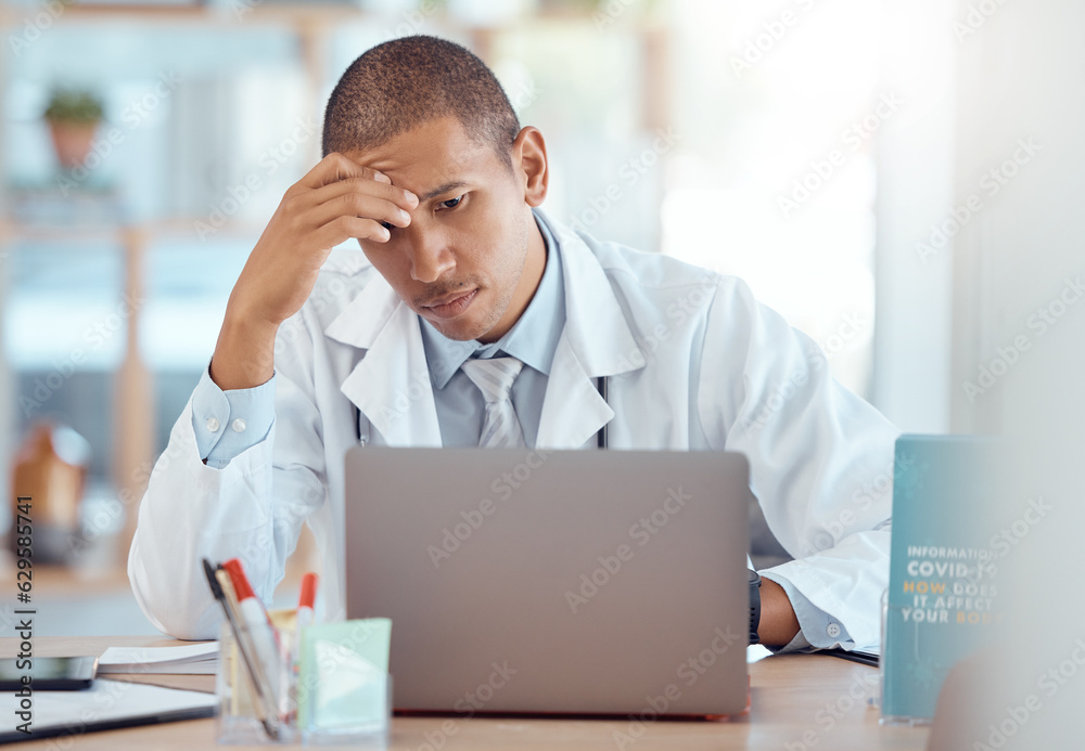 Wall mural headache, doctor and man at laptop in medical office with burnout challenge, clinic problem and stre