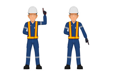 Two industrial worker are pointing up and pointing down