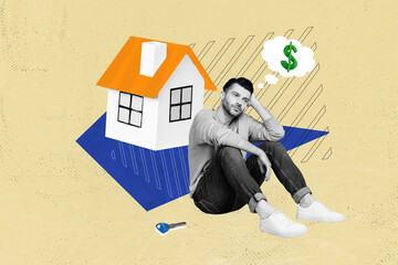 Collage artwork sketch of minded sad dreamy guy think earn money want buy own flat apartment...