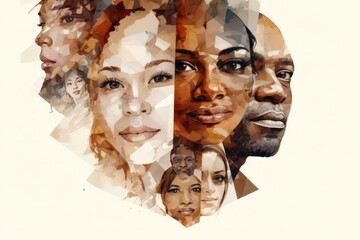 Unity in Diversity: Multiracial Human Face Collage Embracing Age, Race, and Beauty. - obrazy, fototapety, plakaty