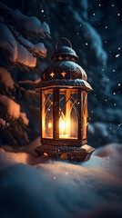 Old lantern in the forest at winter season, generative AI.