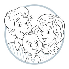Avatar icon of a young happy family - mother, father and little baby. Black and white portrait for coloring book.  In cartoon style. Isolated on white background. Vector illustration.