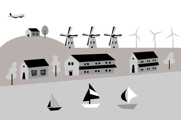 西洋風の建物と風車とヨットのベクターイラスト