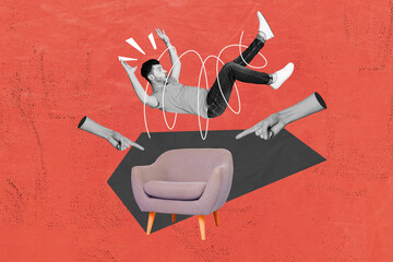 Collage poster banner of human hands showing sign buy comfort furniture crazy guy falling down...