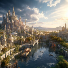 Fototapeta premium Stunning TCG Fantasy City Art: Dive into a meticulously crafted fantasy cityscape. Ideal for immersive gameplay, this design adds depth to any deck or game environment.