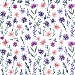 Abstract seamless pattern with plants, herbs and flowers, botanical illustration. Generative AI.