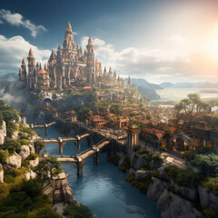 Fototapeta premium Stunning TCG Fantasy City Art: Dive into a meticulously crafted fantasy cityscape. Ideal for immersive gameplay, this design adds depth to any deck or game environment.