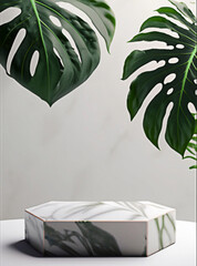 Empty cylindrical realistic podium for cosmetic product demonstration with monstera leaves. Generative AI.