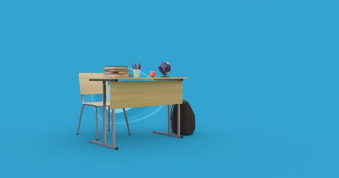 Animated school supplies on blue background. First day of school 3D animation