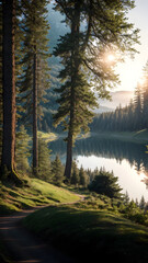 Beautiful and Realistic Portrait Forest Lake side View