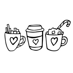 A set of cozy cups and mugs with coffee and cocoa. Doodle illustrations of takeaway coffee with hearts, lollipops and marshmallows. Line art, hand drawn