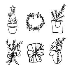Christmas set with Christmas trees with fir twigs. Doodle illustration on the theme of the New Year. Line art