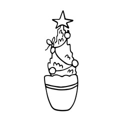 A Christmas tree in a pot with Christmas toys and a star on top. Line art. Hand drawn