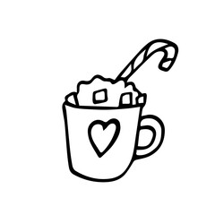 Cozy mug of coffee. Doodle illustrations of hot coffee with a heart pattern on a mug, lollipops and marshmallows. Line art, hand drawn